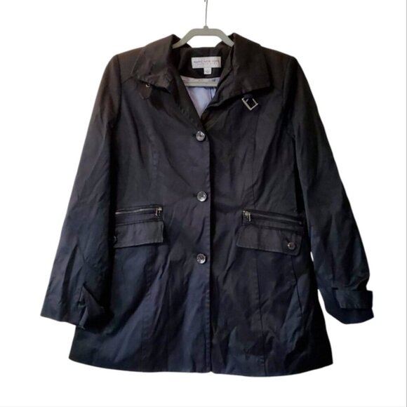 Andrew Marc New York Spring Black Moto Classic Preppy Zip Trench Jacket L - Picture 1 of 6